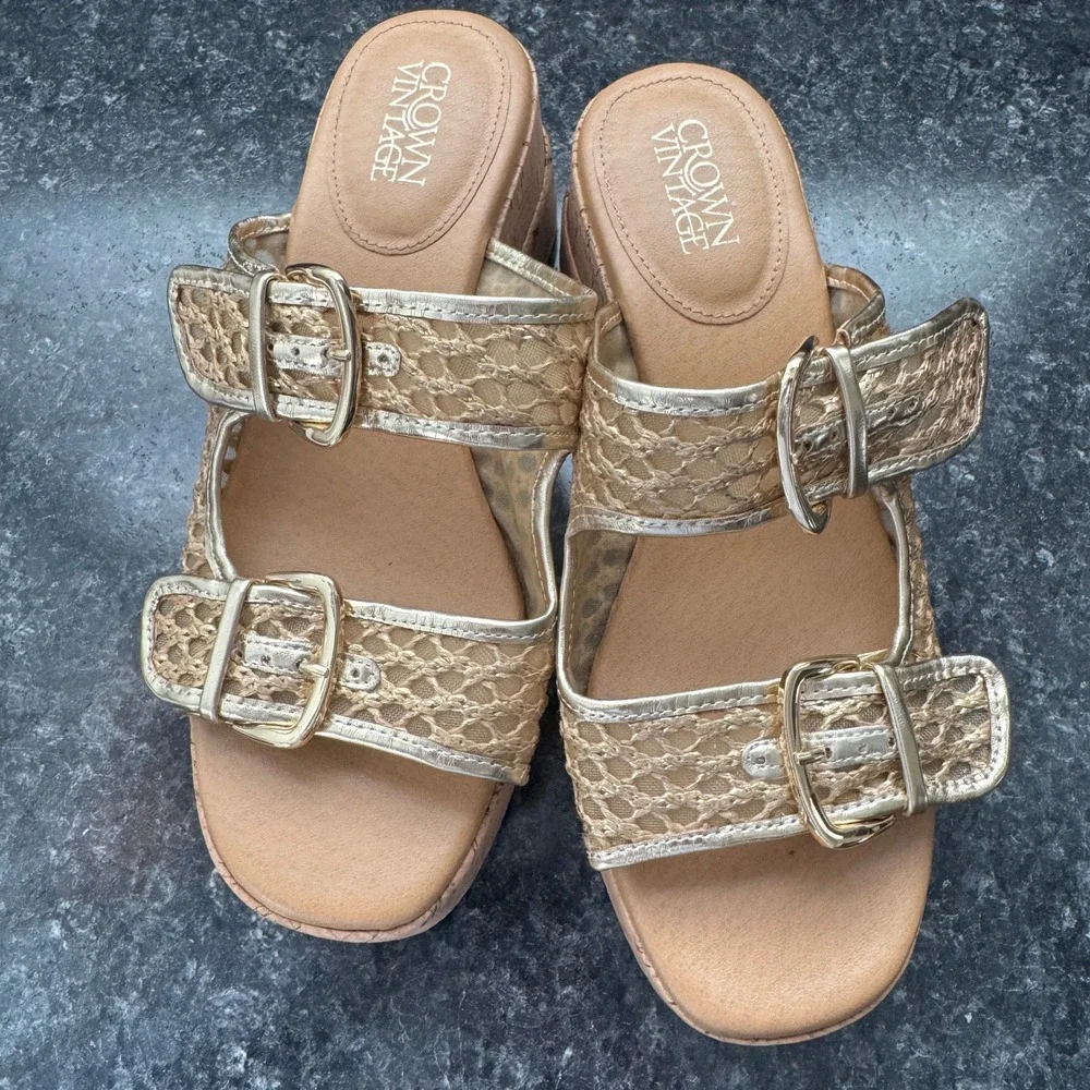 Crown Vintage Strappy Buckle Cork Platform Wedge Gold Sandal Woven Cane Women 10